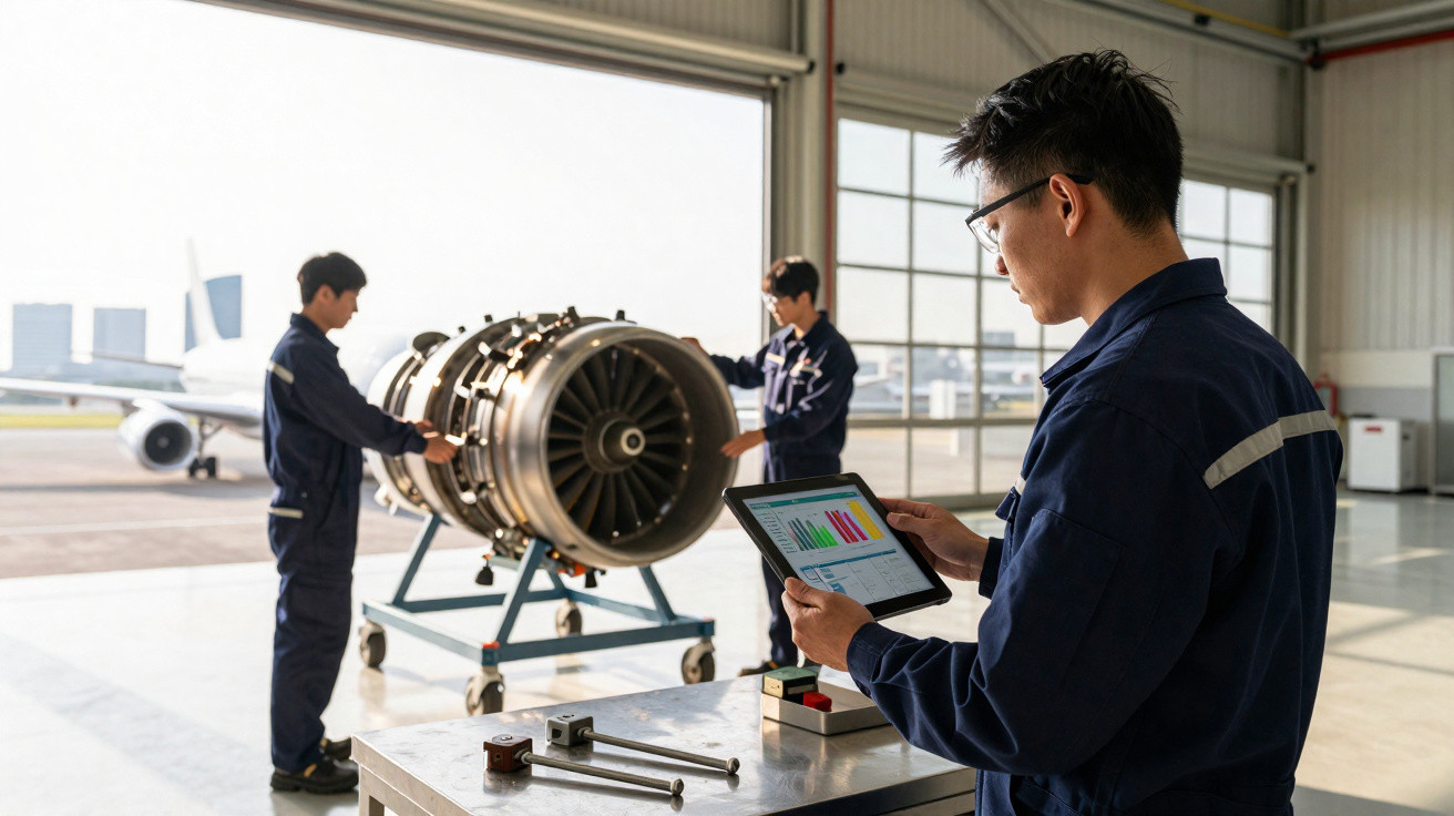 Engenheiros revisam motor de avião em hangar enquanto um deles analisa dados em tablet.