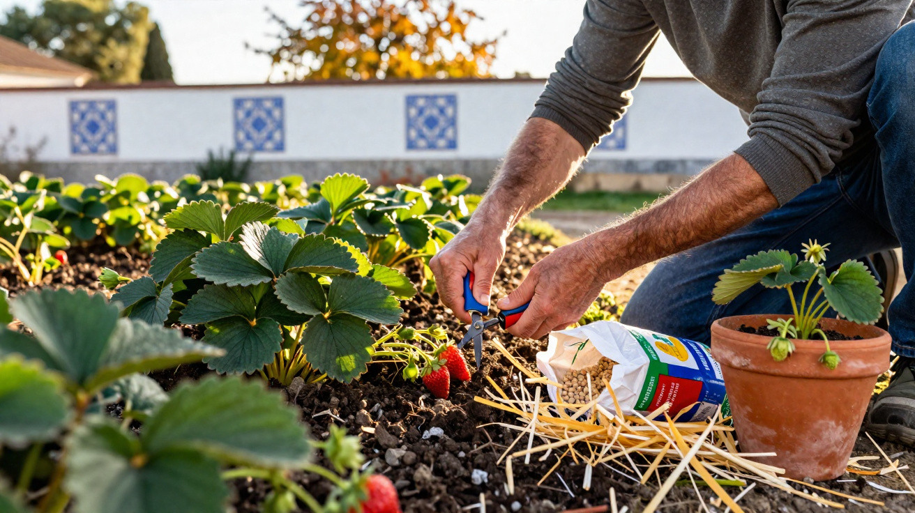 Pessoa colhendo morango em horta com vaso, tesoura e pacote de fertilizante ao lado.
