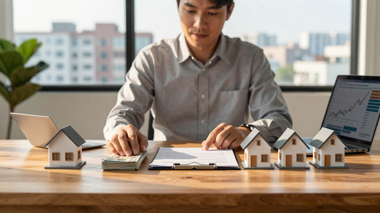 Homem analisando contratos e dinheiro com miniaturas de casas em mesa de madeira e laptop ao fundo.