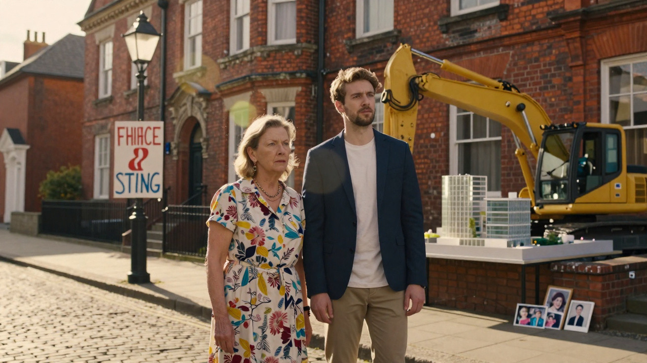 Mulher e homem observam construção ao ar livre com maquete e fotos em frente a casas antigas de tijolos.