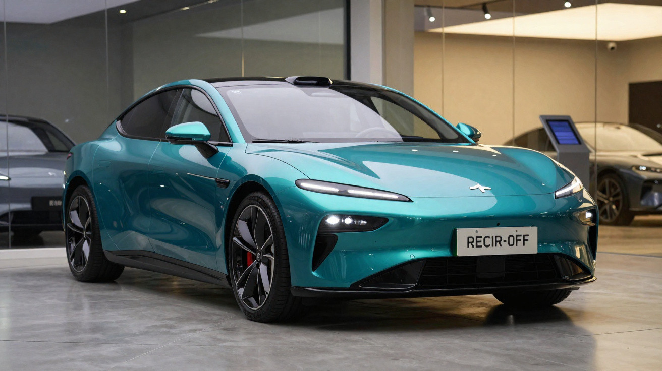 Carro esportivo elétrico azul metálico estacionado em showroom moderno com piso cinza.