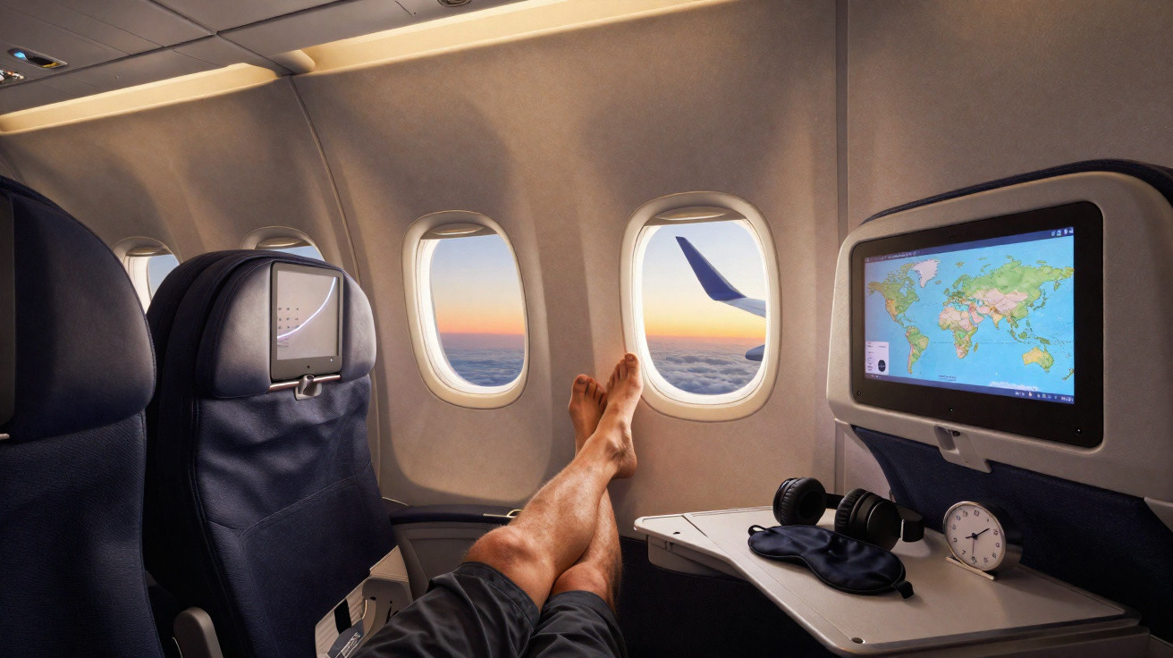 Interior de avião com pessoa com os pés apoiados na janela, tela com mapa e relógio sobre a mesa.