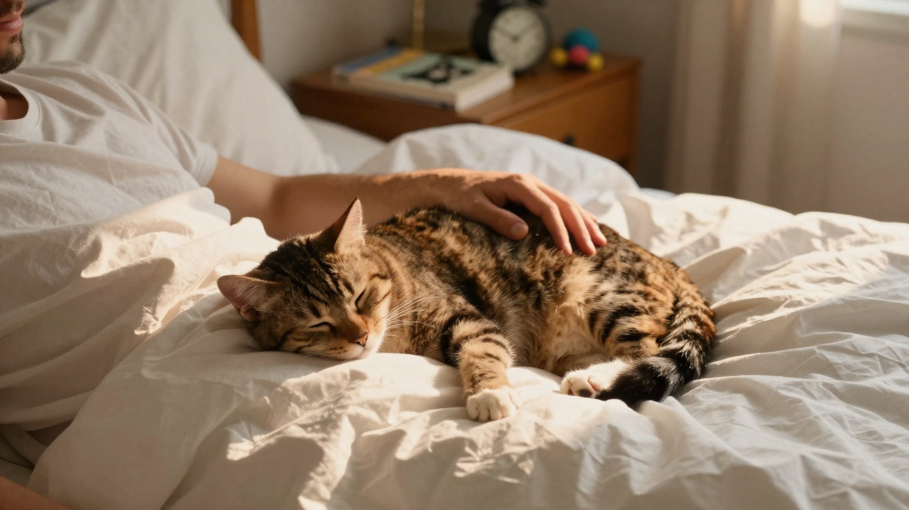 Gato deitado e descansando na cama com a mão de um homem acariciando seu corpo.