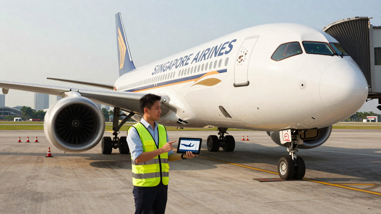 Homem com colete refletivo segurando tablet em pista ao lado de avião da Singapore Airlines estacionado.