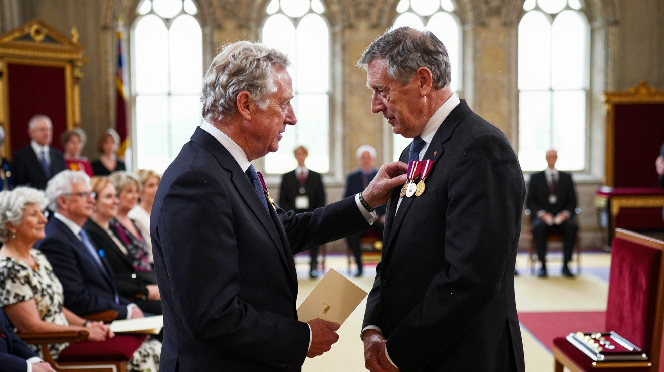 Dois homens de terno durante cerimônia de premiação, um colocando medalha no peito do outro em sala formal.