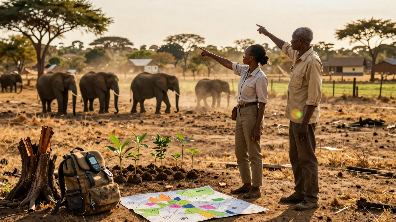 Duas pessoas apontando para elefantes na savana, com plantas e mapa no chão ao entardecer.