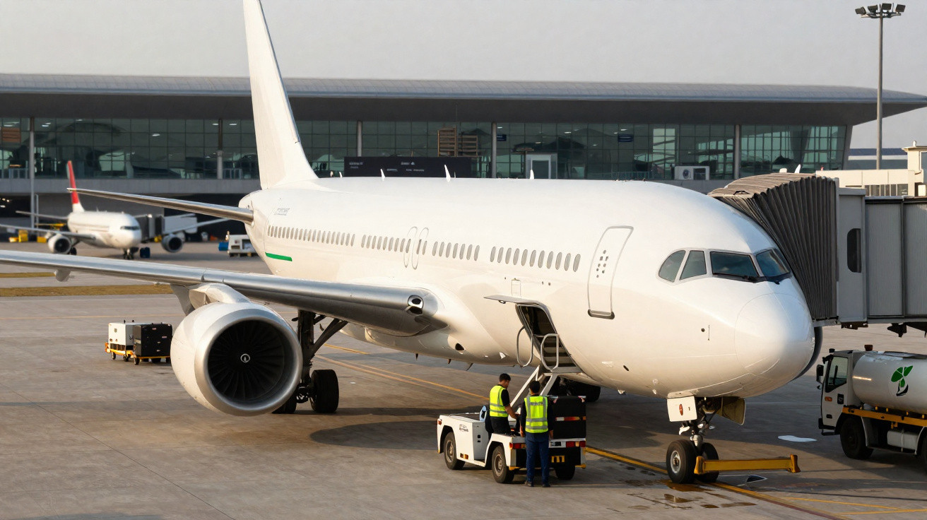 Avião branco estacionado no portão de embarque em aeroporto, com duas pessoas em colete refletivo.