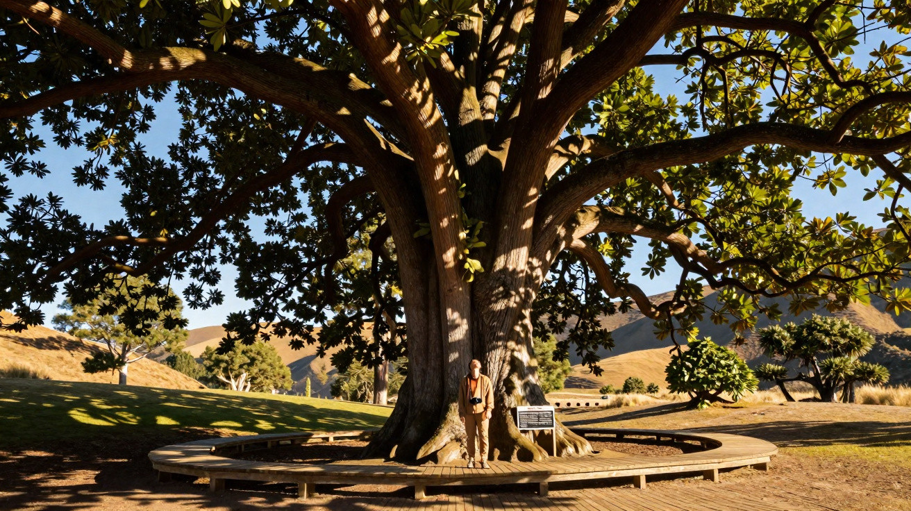 Pessoa em pé sob uma grande árvore com tronco largo e bancos circulares ao redor em área de campo aberto.