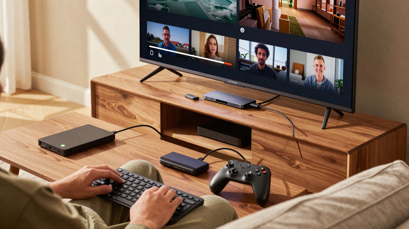 Pessoa usando teclado em sala com TV mostrando videoconferência, controle de videogame e dispositivos eletrônicos.