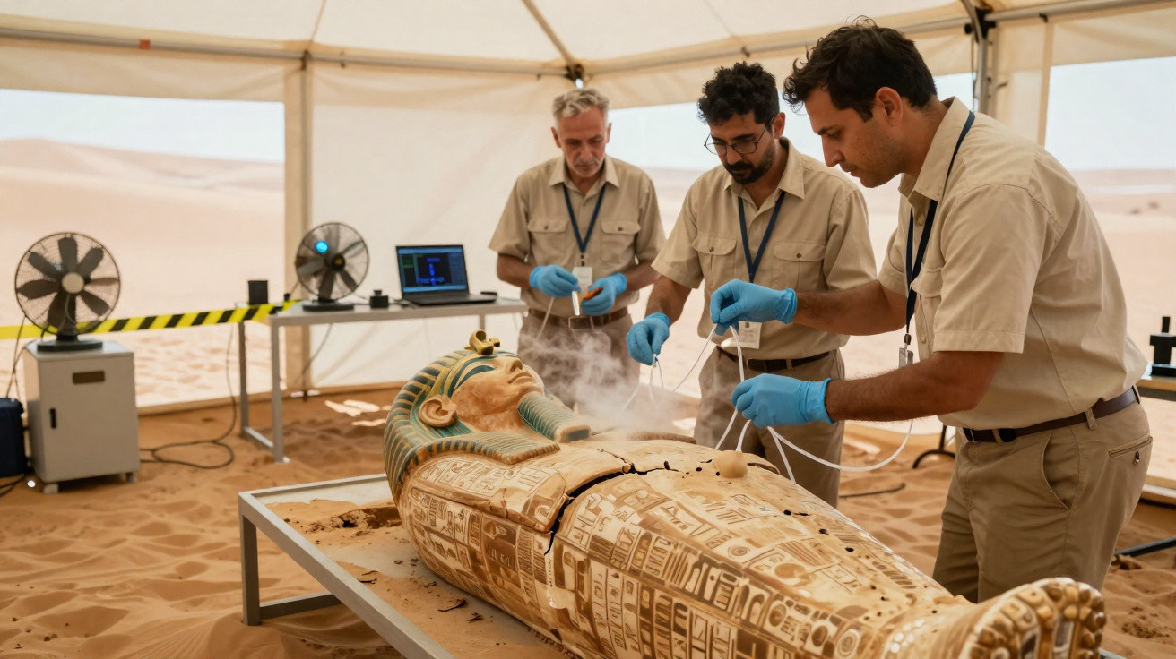 Três arqueólogos trabalhando em uma múmia egípcia dentro de uma tenda no deserto.