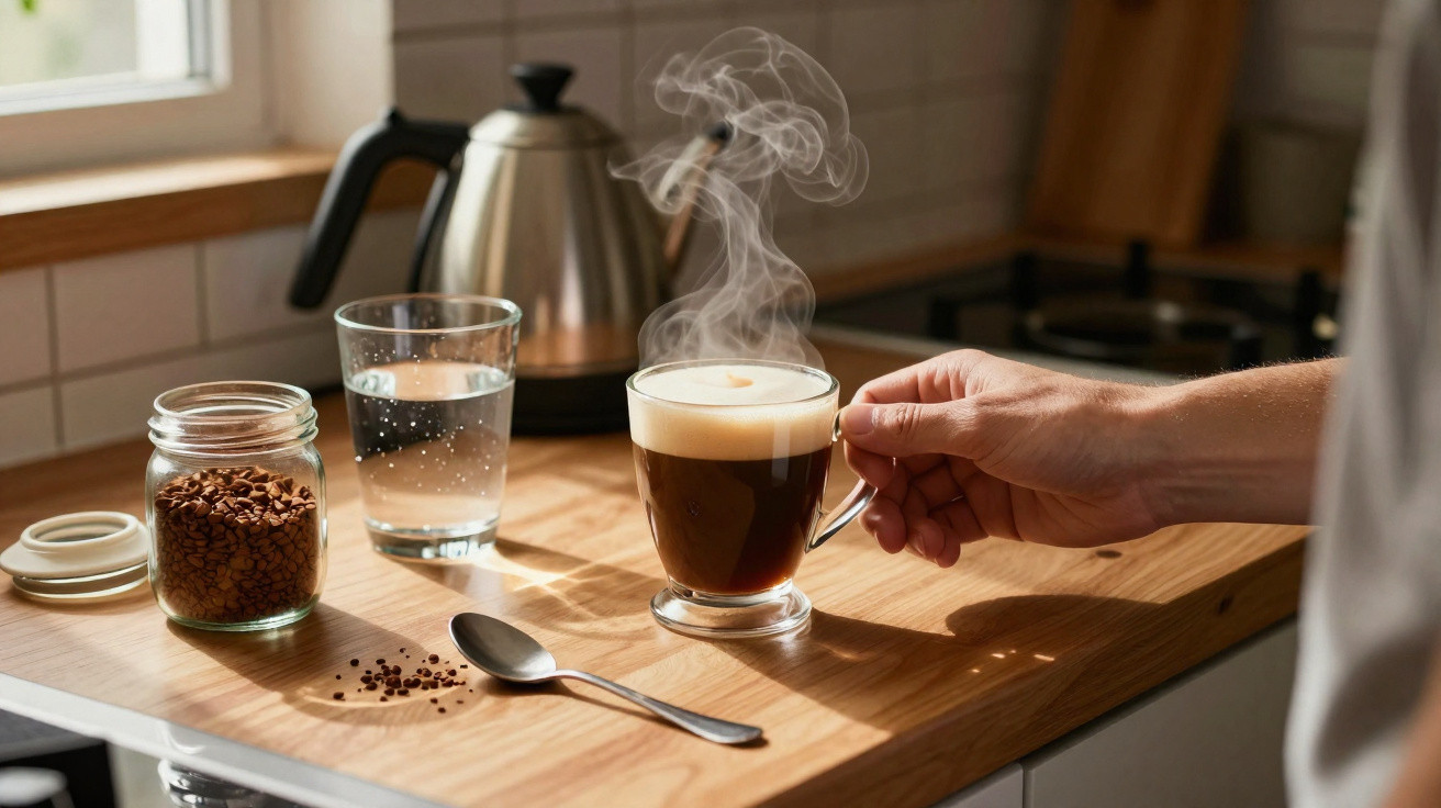 Mão segurando xícara de café quente com vapor, ao lado de vidro de água, pote com café e colher sobre bancada de madeira.