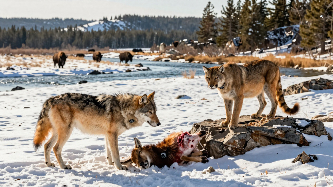 Dois lobos próximos a um lobo caçado na neve, com bisões ao fundo e árvores ao longe.