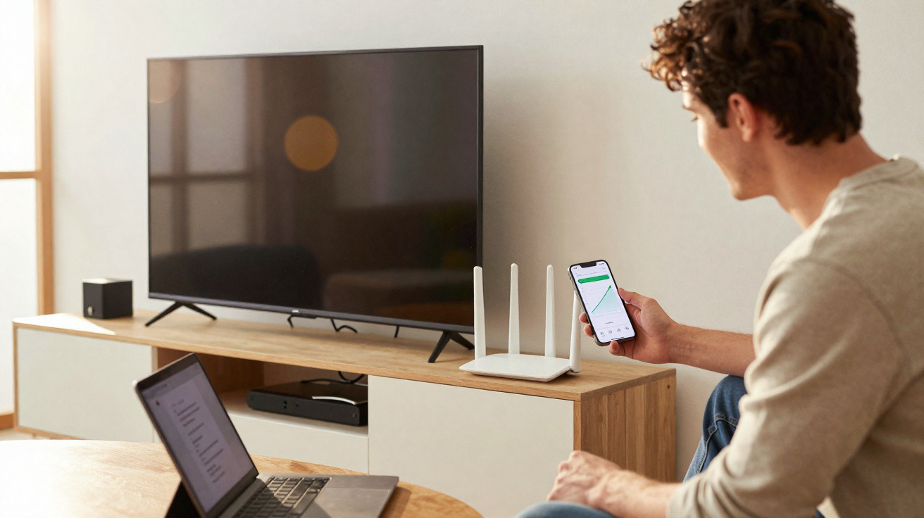 Homem sentado usa celular com gráfico de sinal ao lado de TV, roteador e notebook em mesa de madeira.