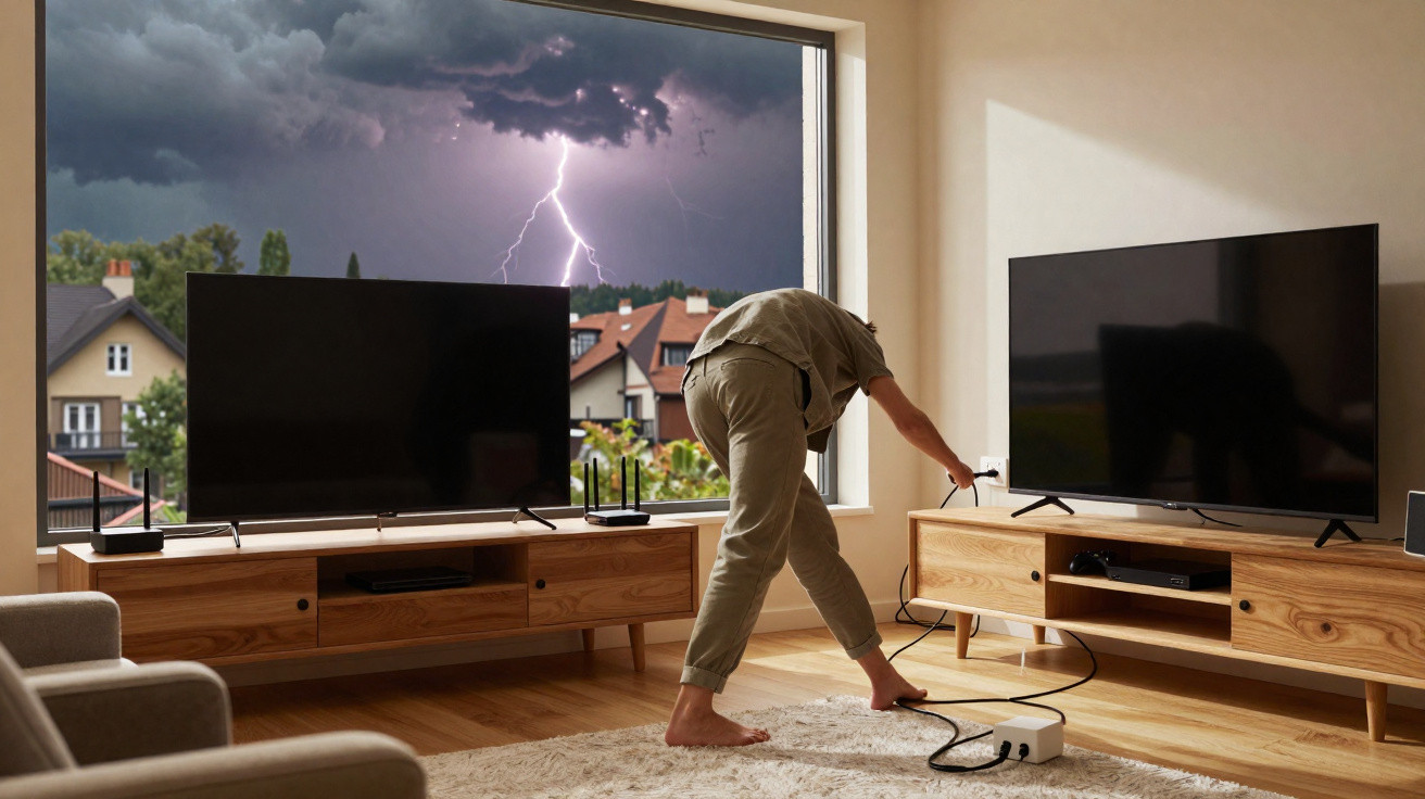 Pessoa em casa desligando aparelhos eletrônicos durante tempestade com raios vista pela janela.
