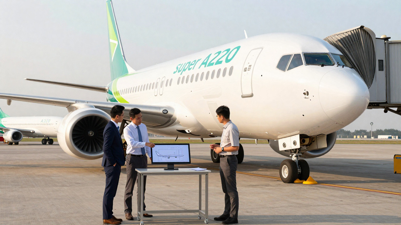 Três homens em traje formal discutem projeto em laptop próximo a avião comercial estacionado no aeroporto.