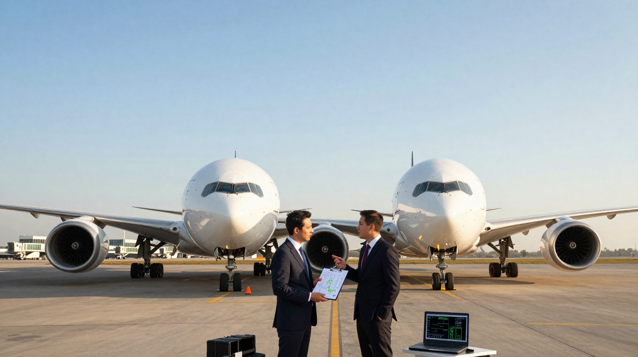 Dois homens de terno conversam na pista do aeroporto com dois aviões brancos estacionados ao fundo.