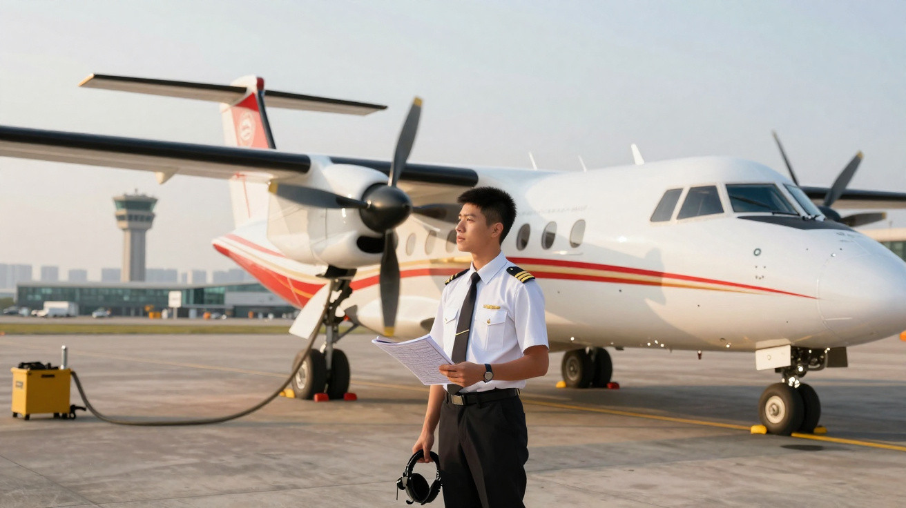 Piloto jovem em uniforme branco com avião turboélice estacionado em pista de aeroporto ao fundo.