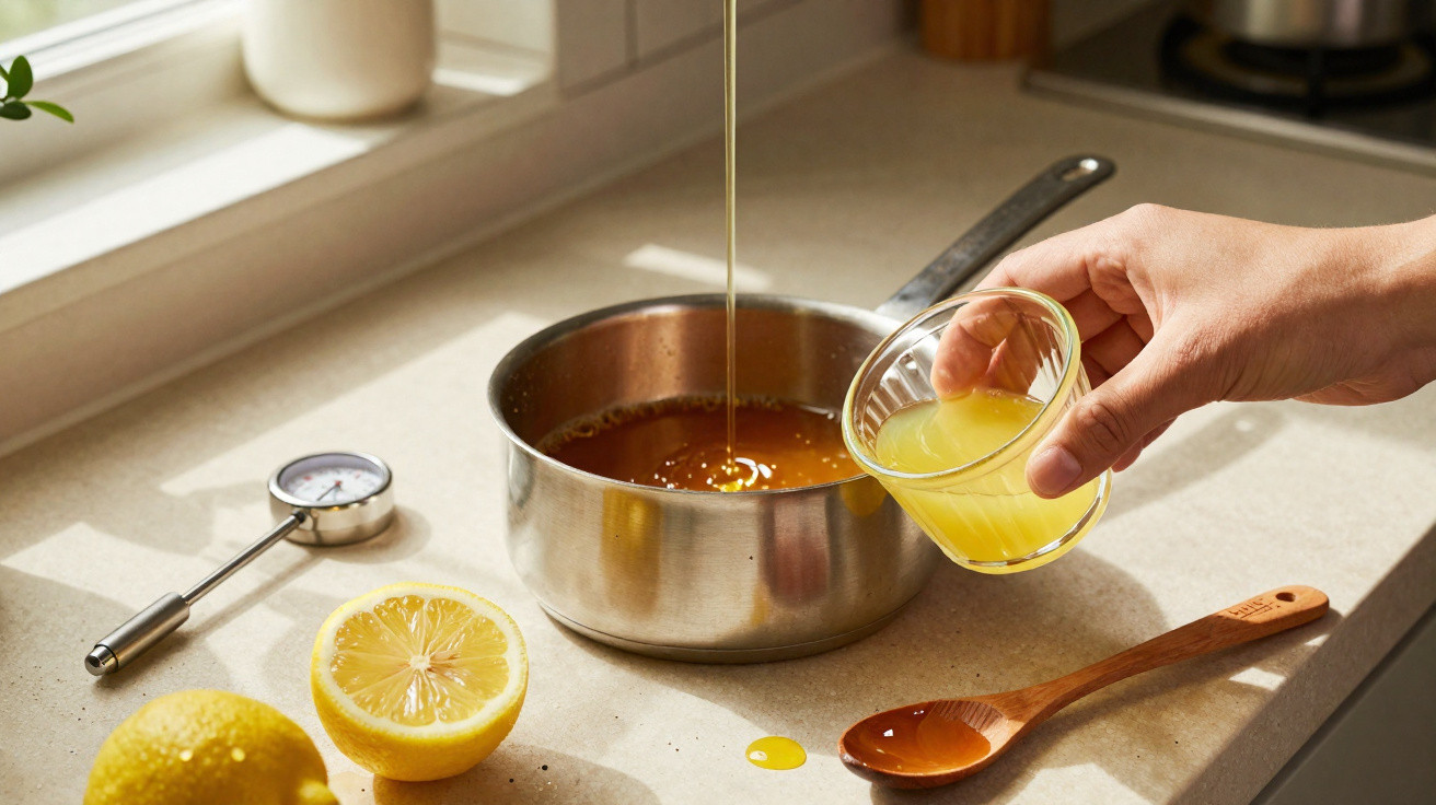 Mãos despejando suco de limão em panela com mel, ao lado de limões, colher de pau e termômetro culinário.