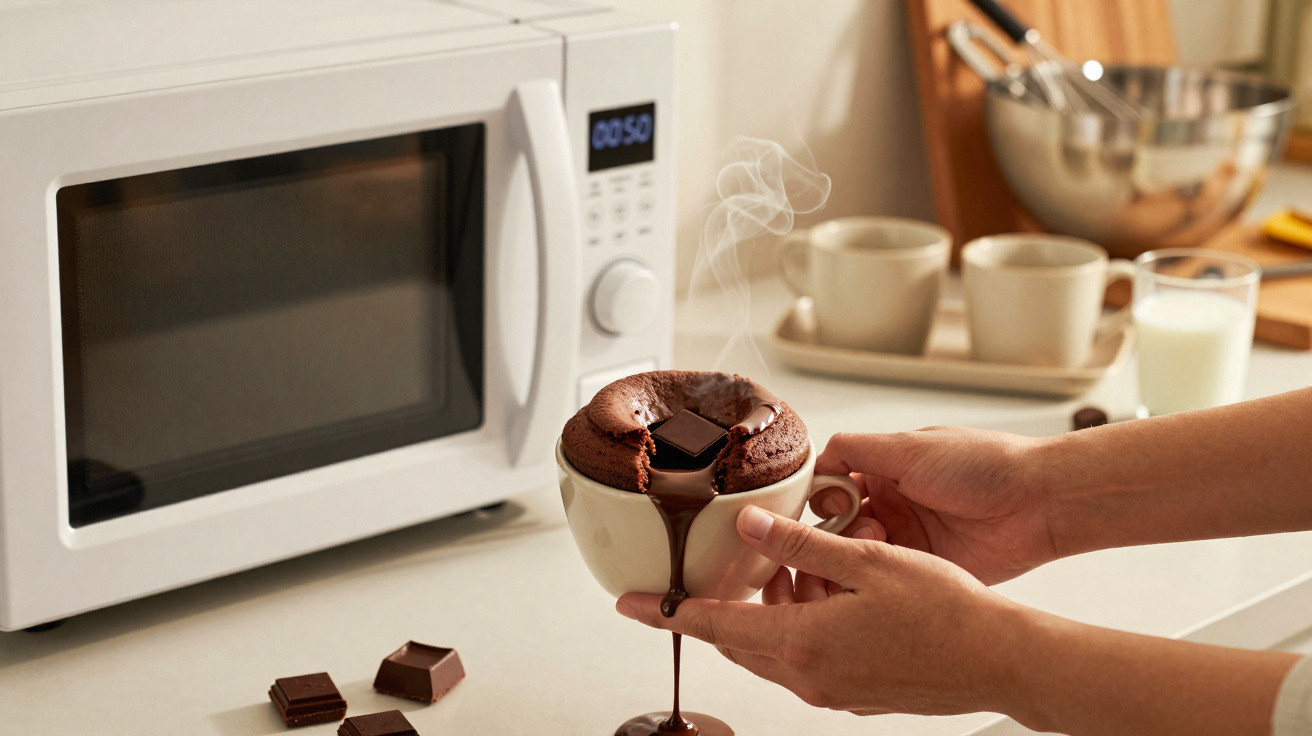 Bolo de caneca de chocolate quente saindo do micro-ondas em cozinha com mãos segurando a caneca.