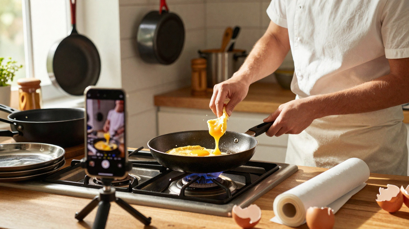Pessoa quebrando ovo na frigideira para fazer omelete, enquanto grava com celular na cozinha.