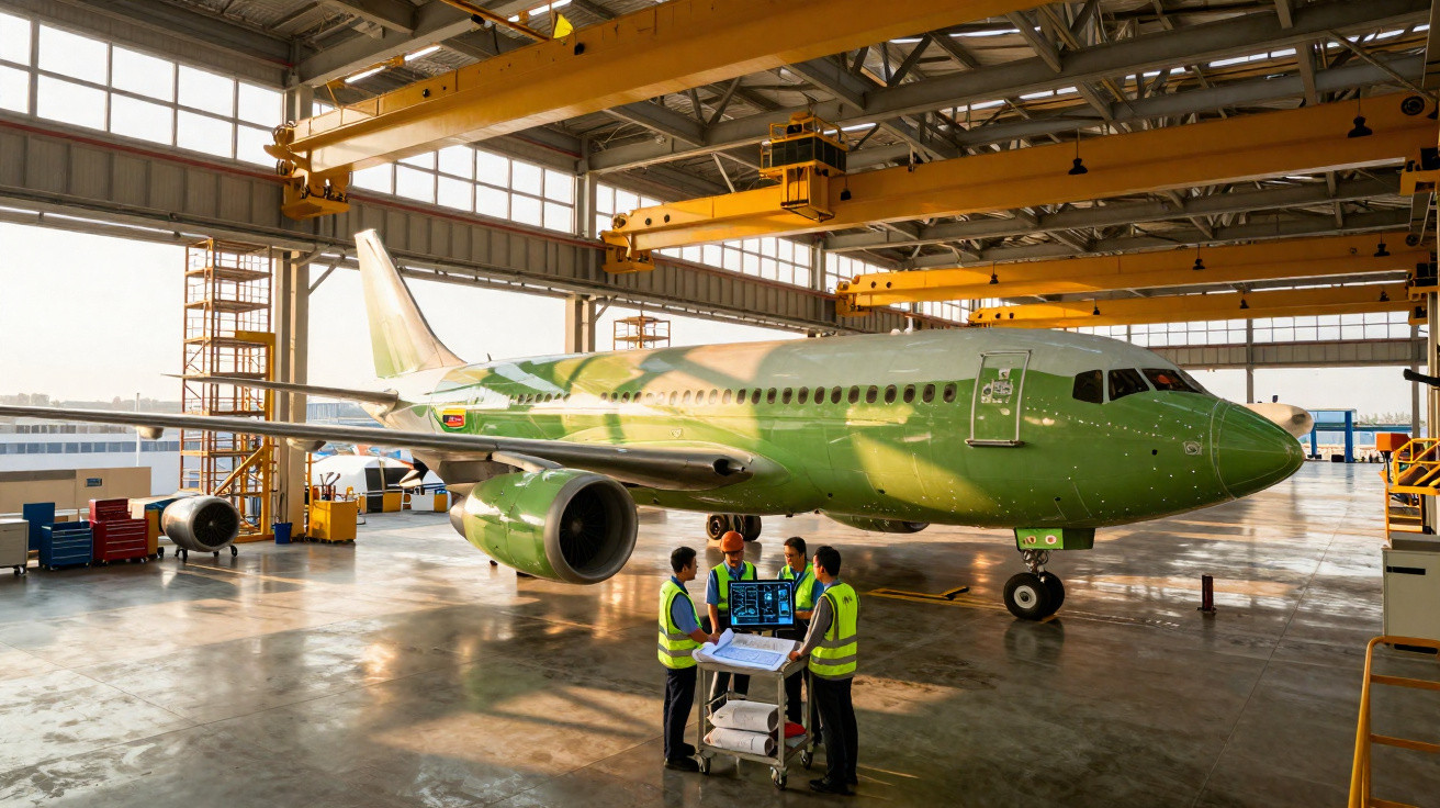 Avião verde em hangar com quatro técnicos em coletes refletivos analisando dados em laptop.