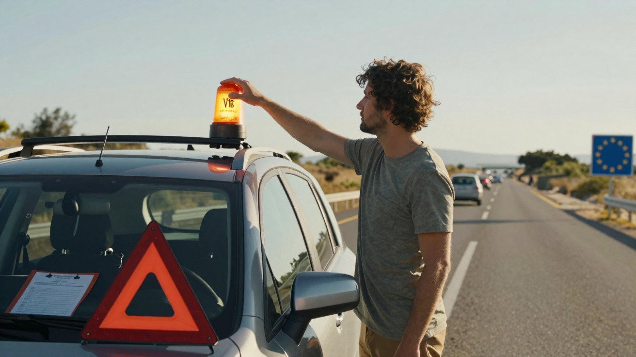 Homem acendendo luz de emergência laranja em carro parado à beira de rodovia sob céu claro.