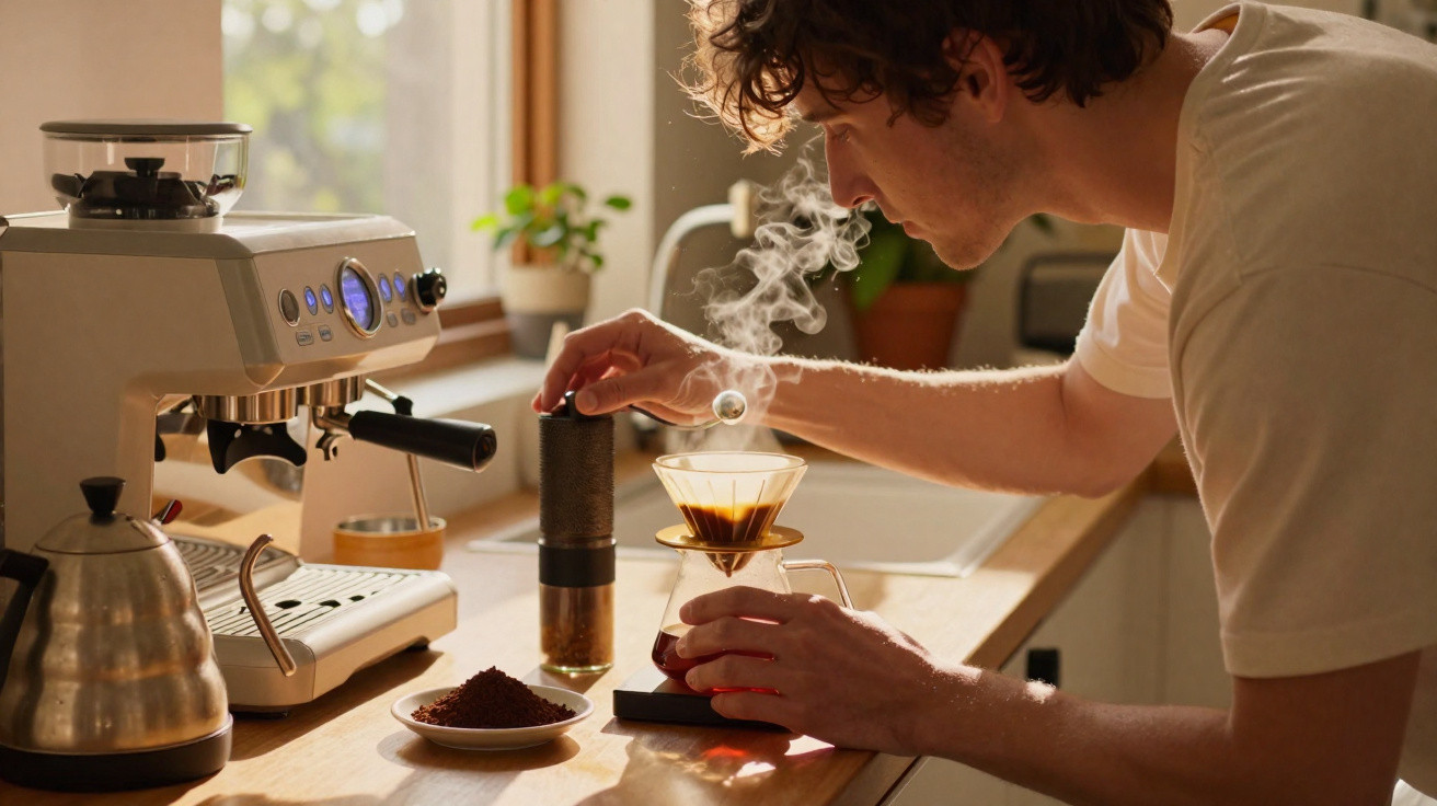 Homem preparando café fresco em casa usando moedor manual e método de filtro na bancada da cozinha.