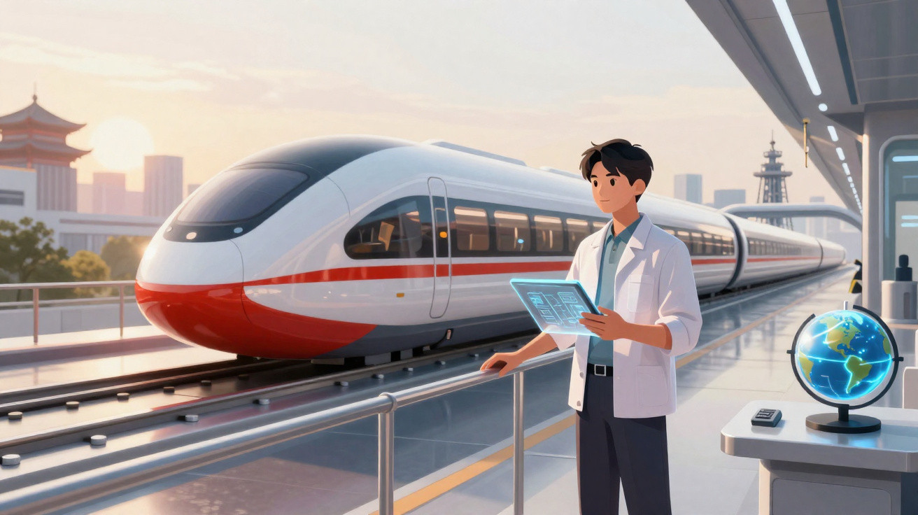 Homem com jaleco segurando tablet em plataforma de trem moderno ao pôr do sol.