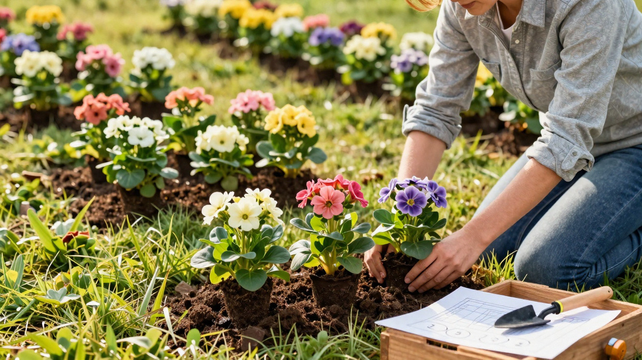 Pessoa plantando flores coloridas em um canteiro de jardim com ferramentas e plantações ao redor.