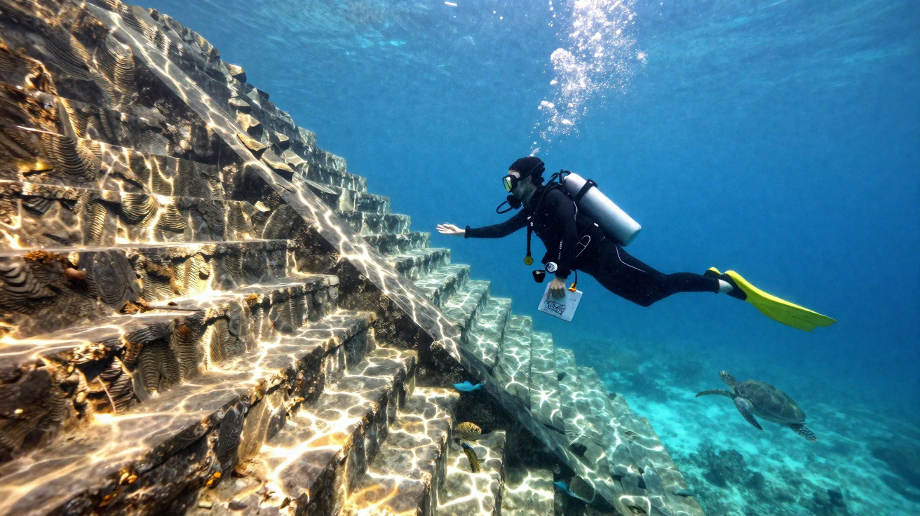 Mergulhador explorando ruínas subaquáticas com tartaruga marinha ao fundo em águas cristalinas.