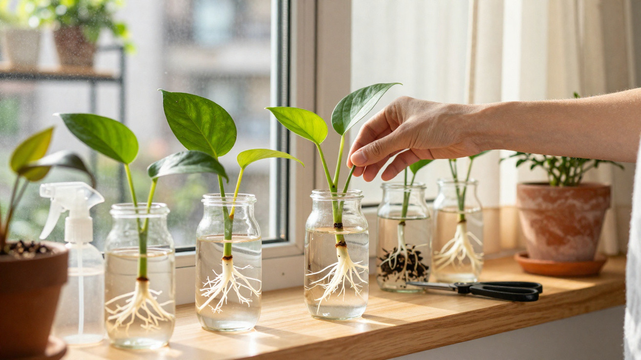 Muda de planta crescendo em frascos de vidro com água sobre bancada próxima a janela iluminada.