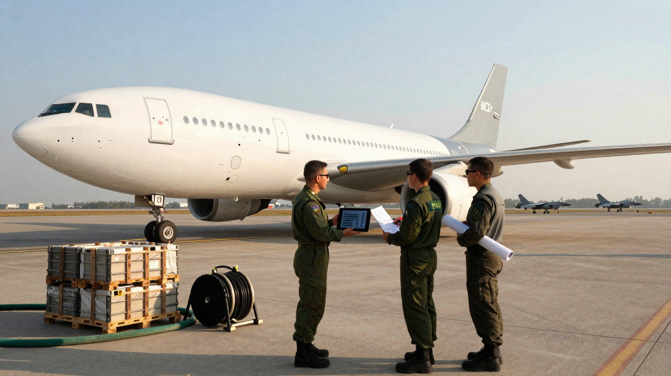 Três homens em uniforme militar discutem documentos diante de um avião branco estacionado no aeroporto.