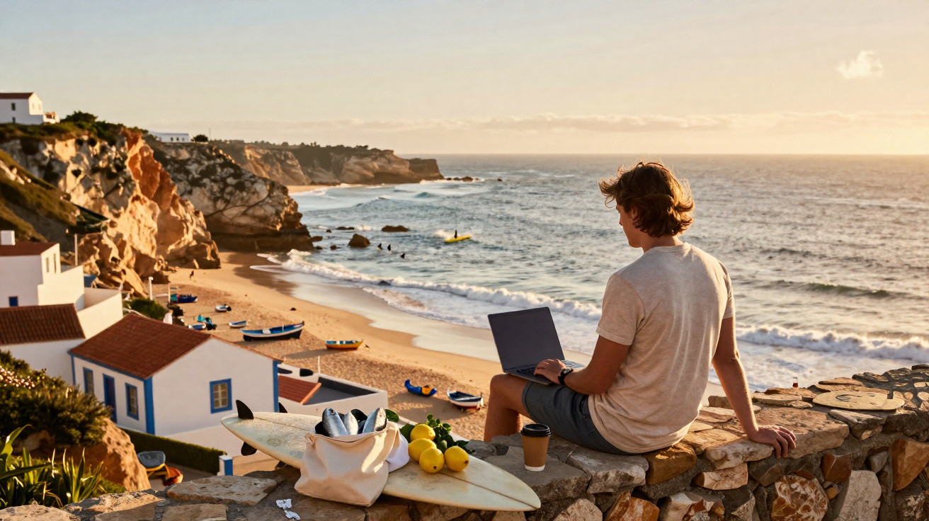 Homem sentado com laptop em muro de pedra, vendo praia com barcos, ondas e penhascos ao pôr do sol.