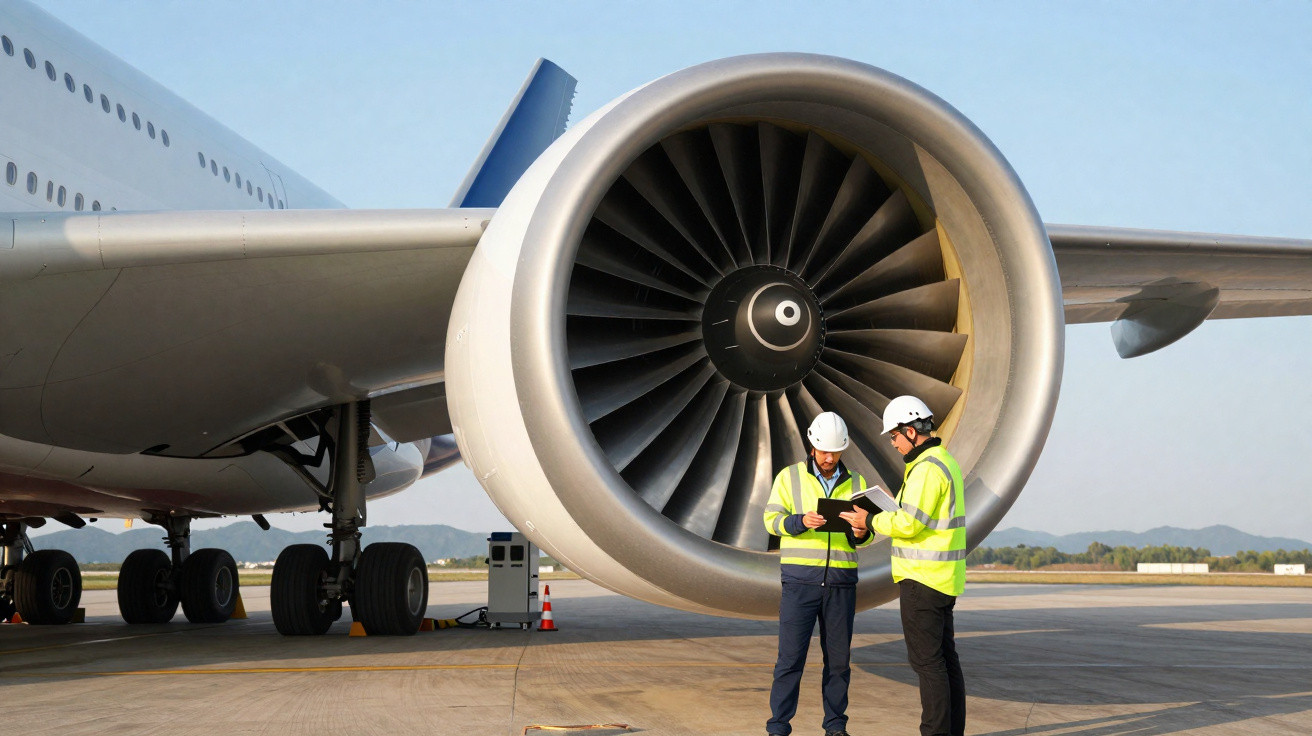 Dois trabalhadores com coletes refletivos e capacetes inspecionam frente a motor de avião no aeroporto.