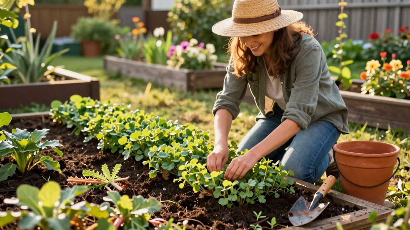 Mulher sorrindo e cuidando de plantas em canteiro elevado de horta residencial ensolarada.
