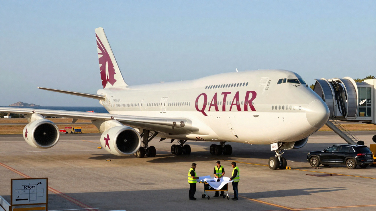 Avião da Qatar parado no aeroporto com três funcionários em colete refletivo ao lado de uma maca.