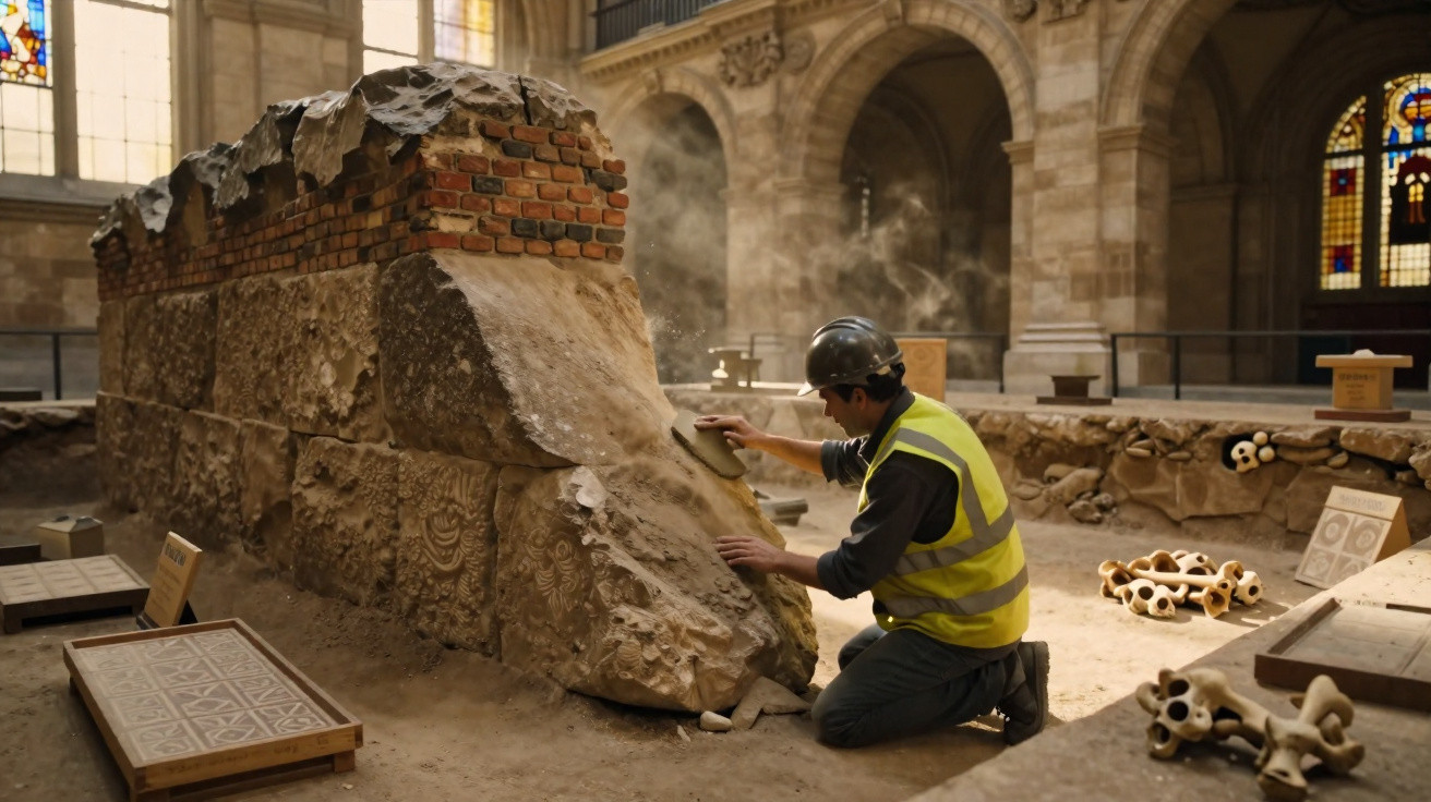 Arqueólogo restaura ruínas antigas dentro de igreja histórica com vitrais e colunas de pedra.