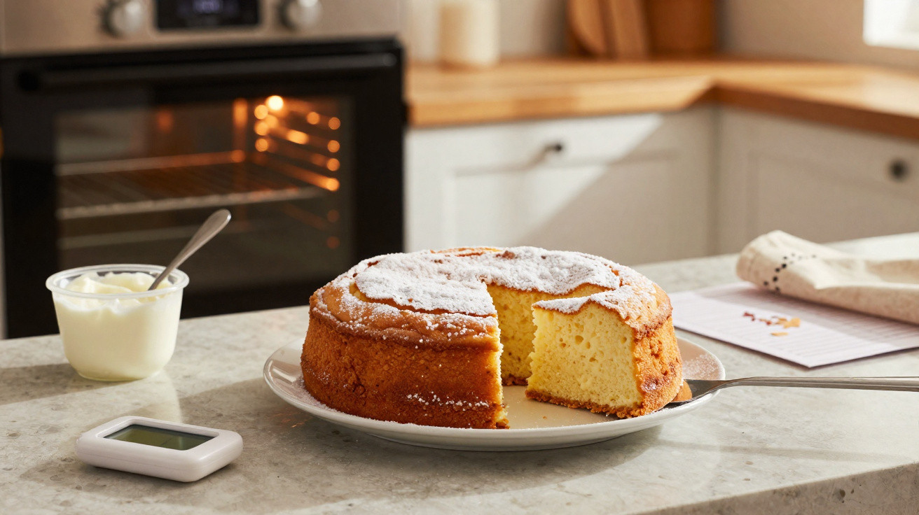 Bolo de fubá com cobertura de açúcar de confeiteiro em prato na bancada da cozinha, com forno ao fundo.