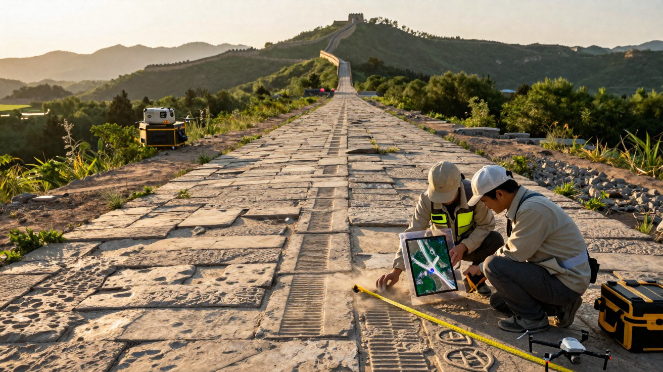 Dois técnicos medem e analisam a estrutura antiga de pedra ao ar livre em uma área montanhosa ao pôr do sol.