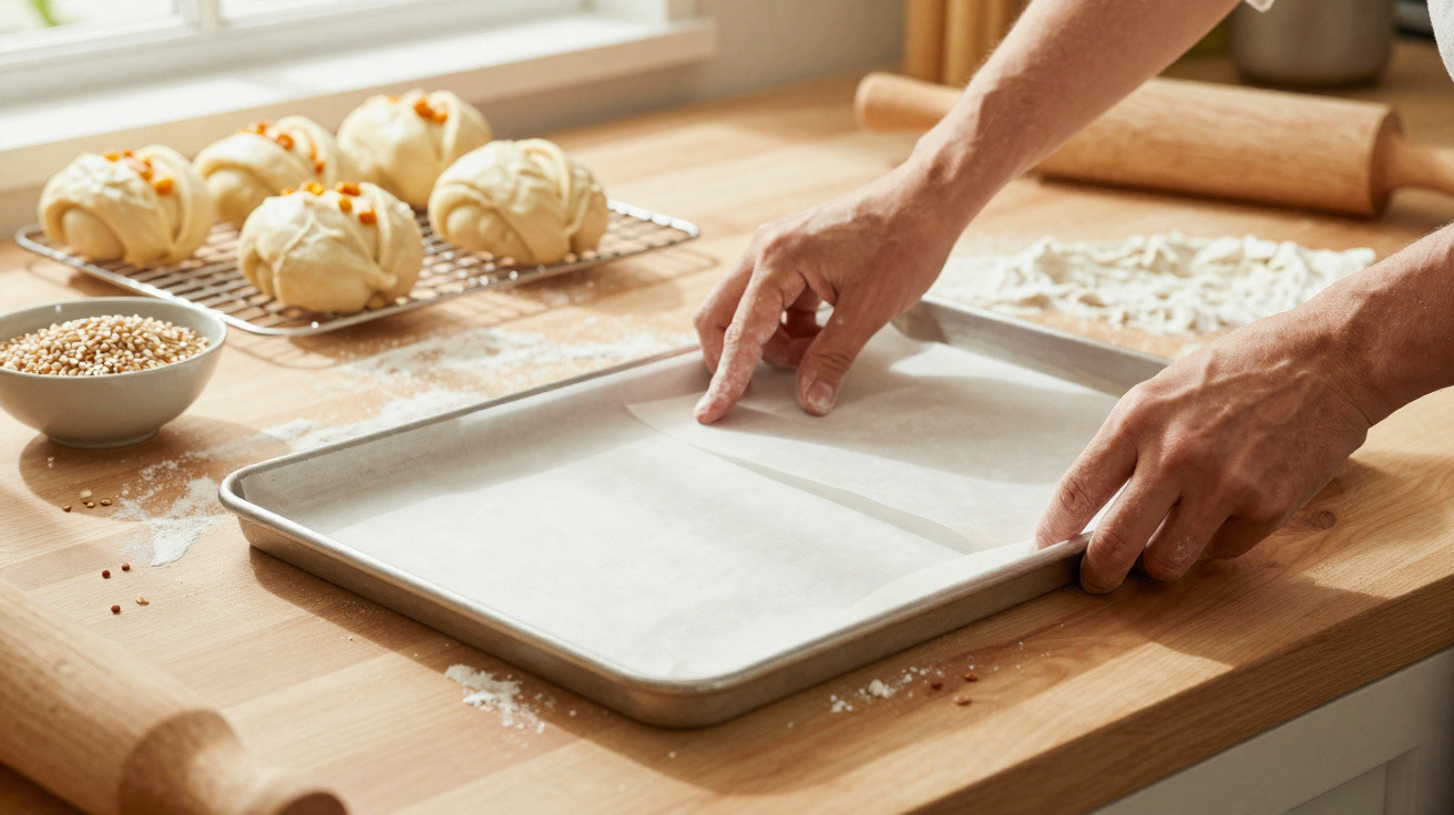 Mãos preparando forma com papel manteiga para assar pães em bancada de madeira com massa ao fundo.