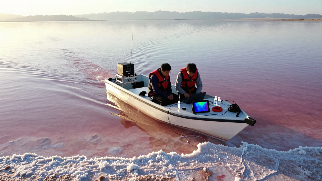 Dois cientistas em um barco pequeno coletando dados em um lago rosa com borda de sal.