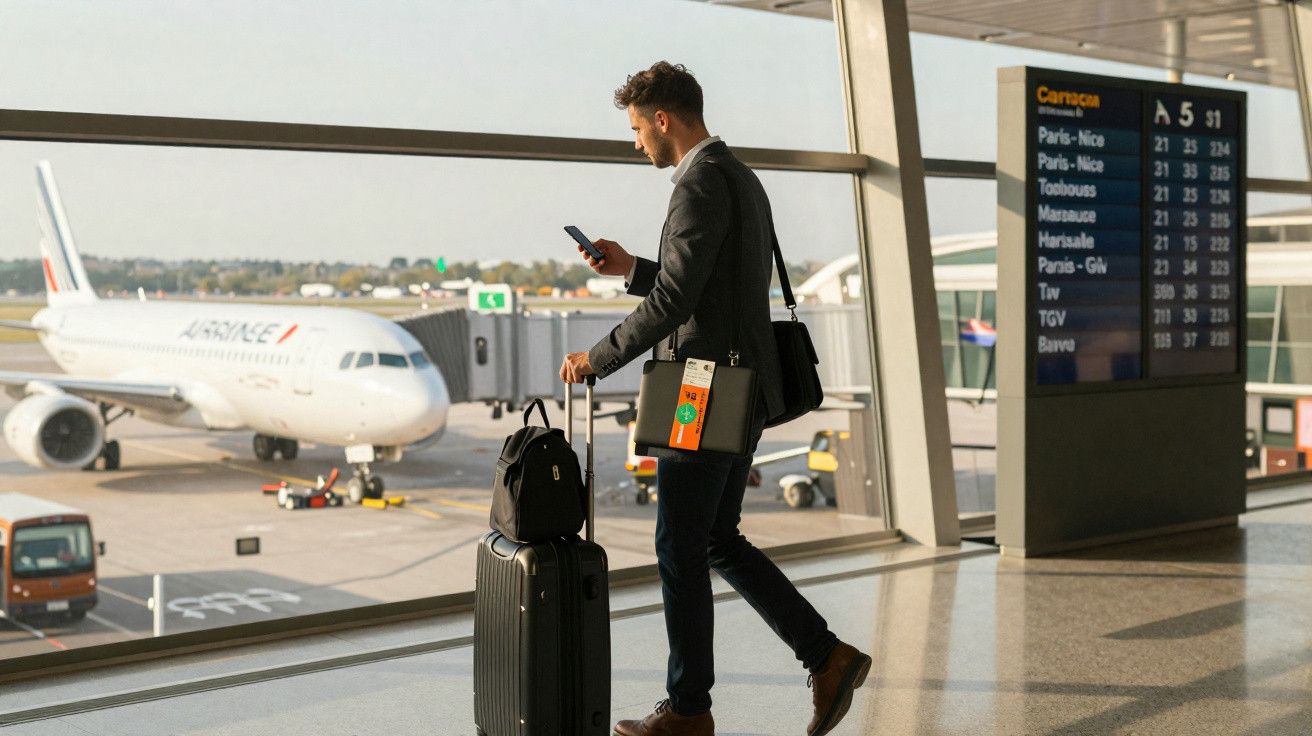 Homem de terno com mala e mochila consulta celular em aeroporto com avião e painel de voos ao fundo.