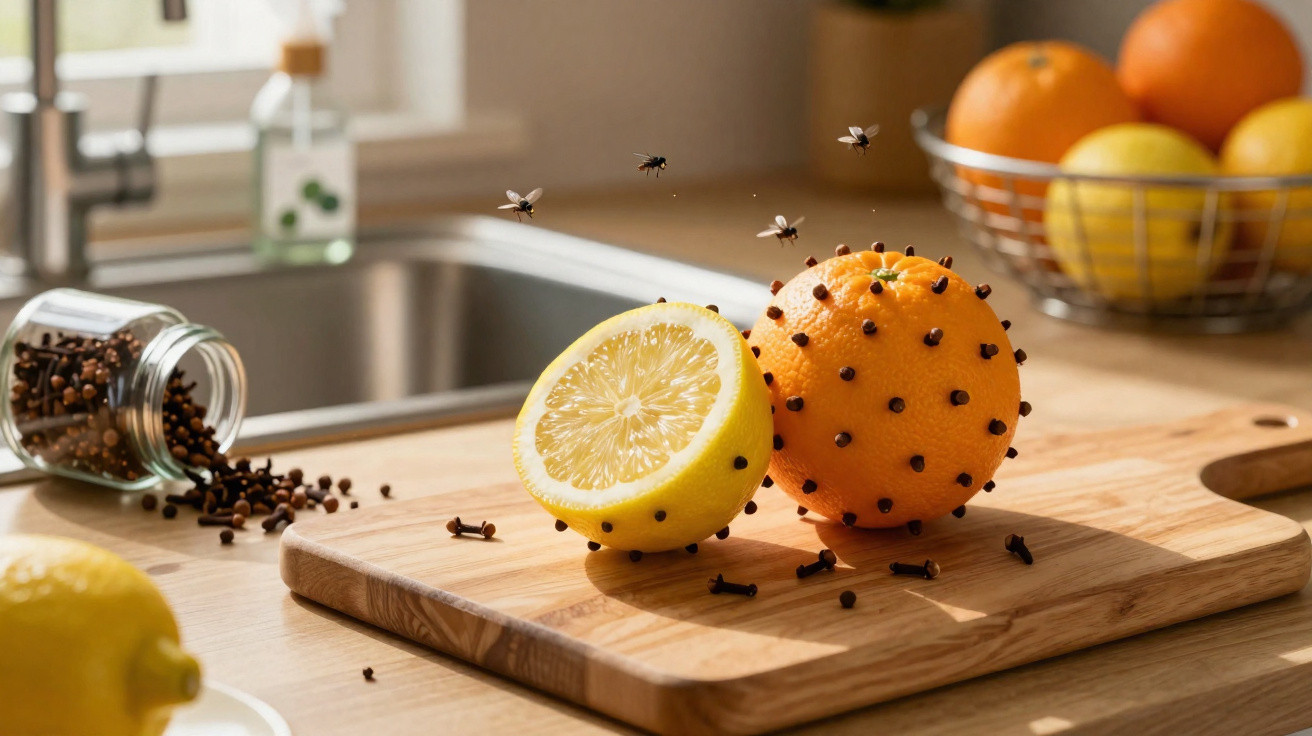 Limão cortado e laranja cravejada de cravos em tábua de madeira com moscas ao redor na cozinha.