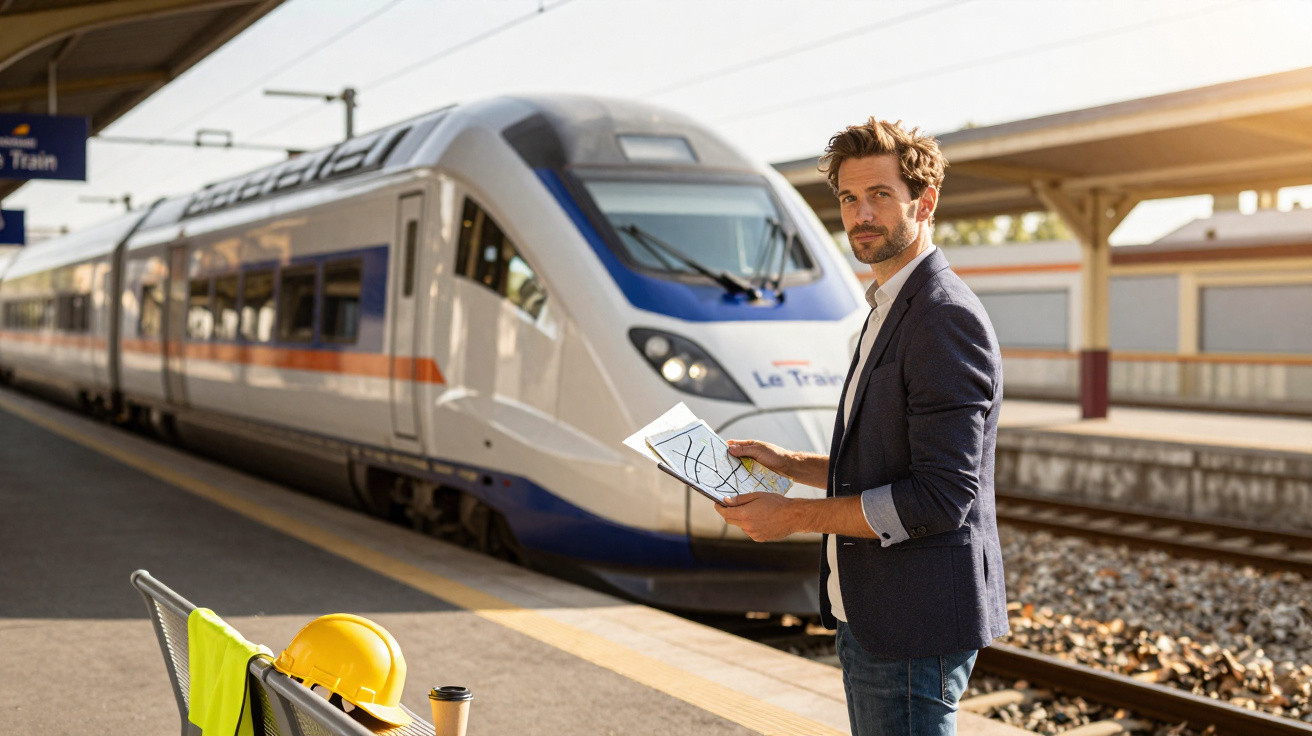 Homem com planta segura papel na plataforma de estação de trem próximo a trem moderno parado.