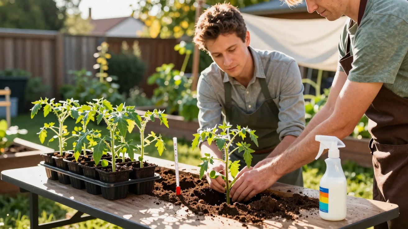 Dois homens transplantam mudas em bandejas pretas para um vaso com terra em uma mesa ao ar livre.