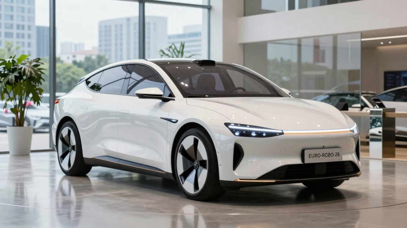 Carro elétrico branco moderno exposto em showroom com rodas aerodinâmicas e luzes de LED.