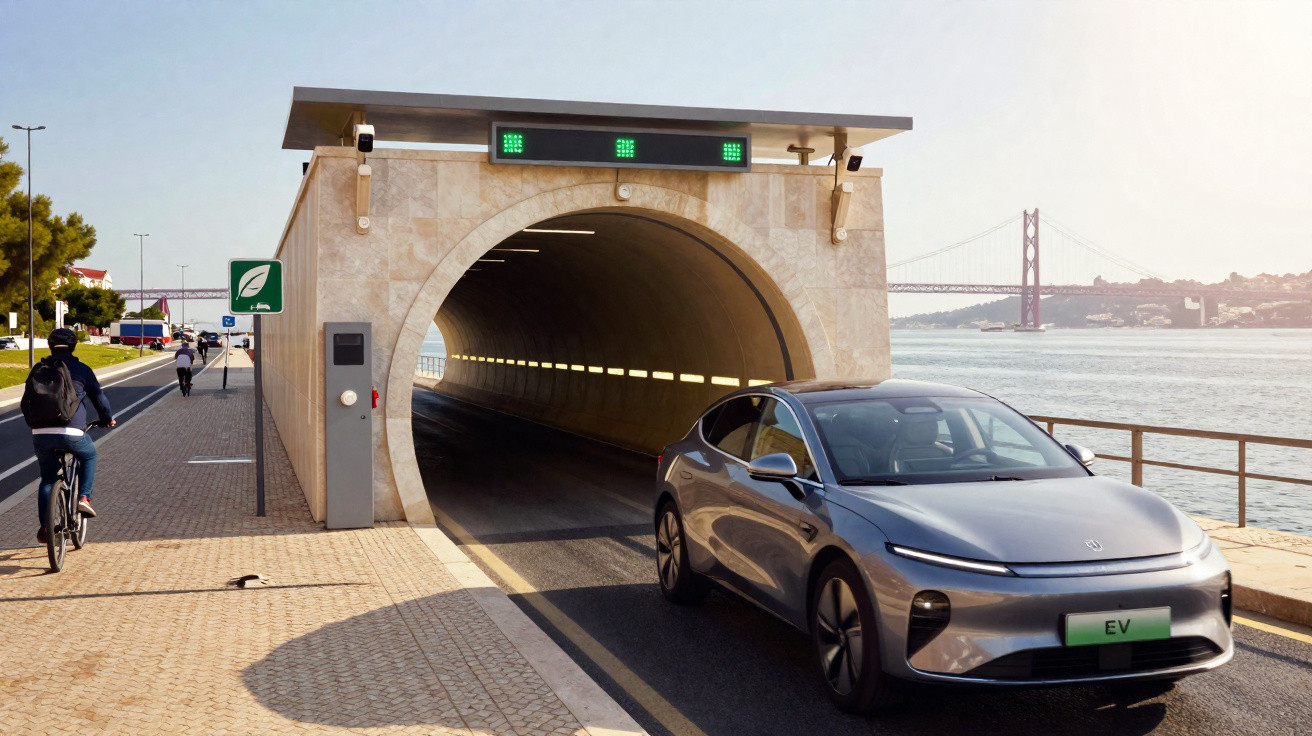 Carro elétrico cinza entrando em túnel com ciclistas em calçada próxima à margem de rio e ponte ao fundo.