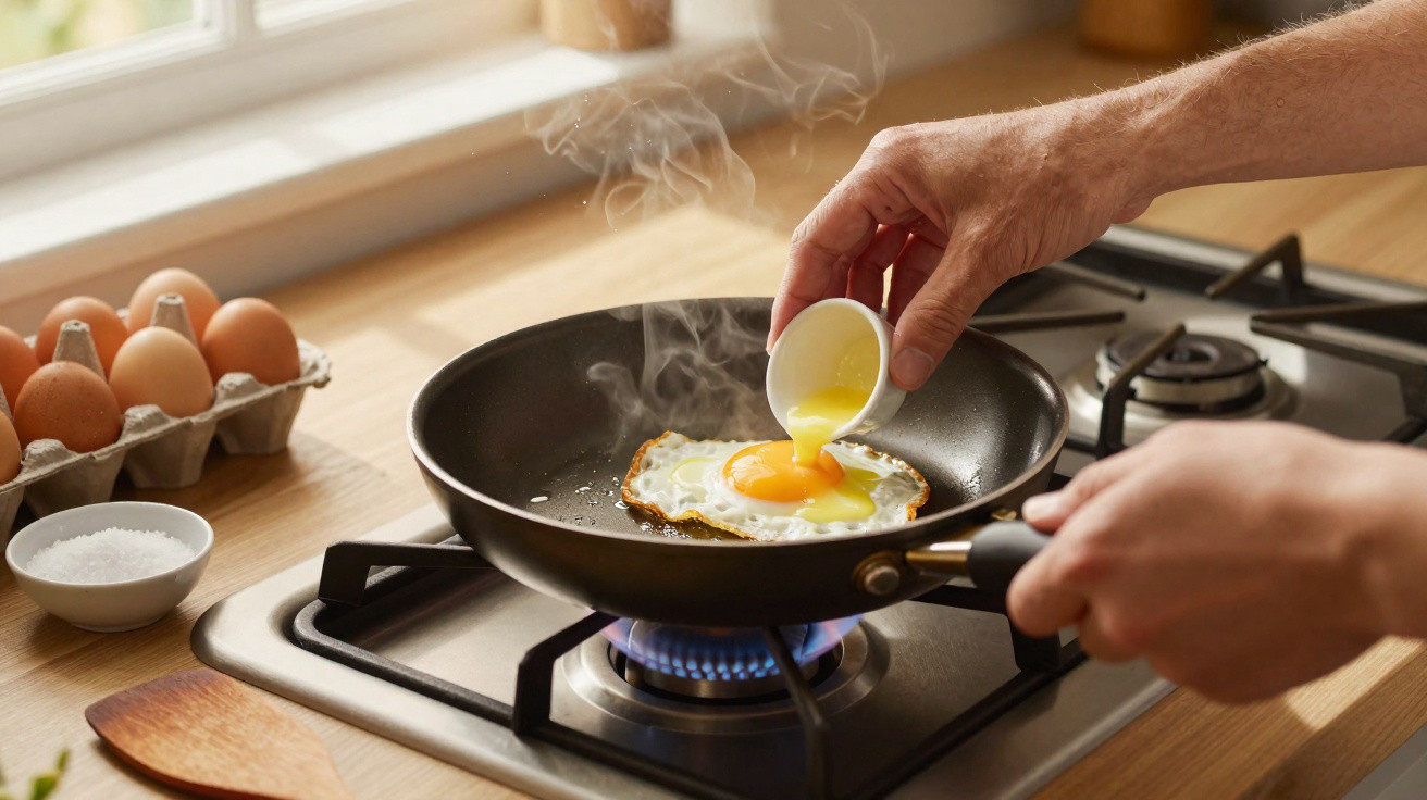 Pessoa fritando ovo na frigideira no fogão a gás em cozinha iluminada por luz natural.
