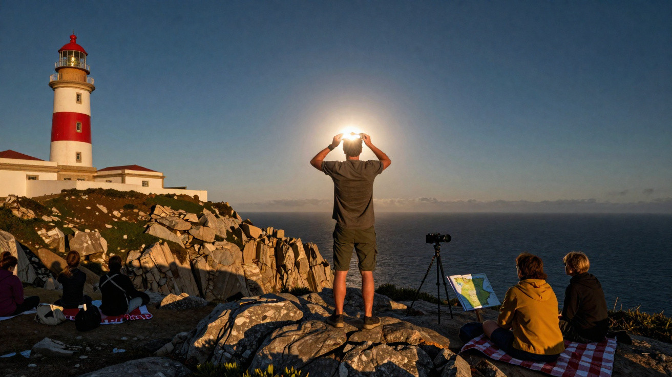 Pessoa segurando o sol ao pôr do sol perto de farol vermelho e branco com grupo sentado em pedras e manta.