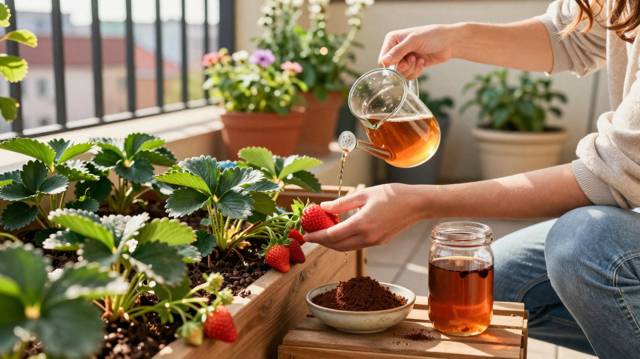 Pessoa regando morangos em canteiro na varanda com regador transparente e plantando com café moído.